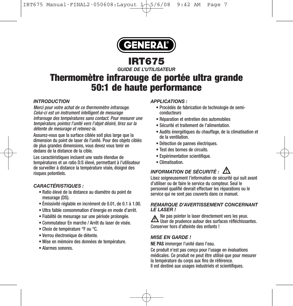 Irt675 | General Tools and Instruments IRT675 User Manual | Page 7 / 16