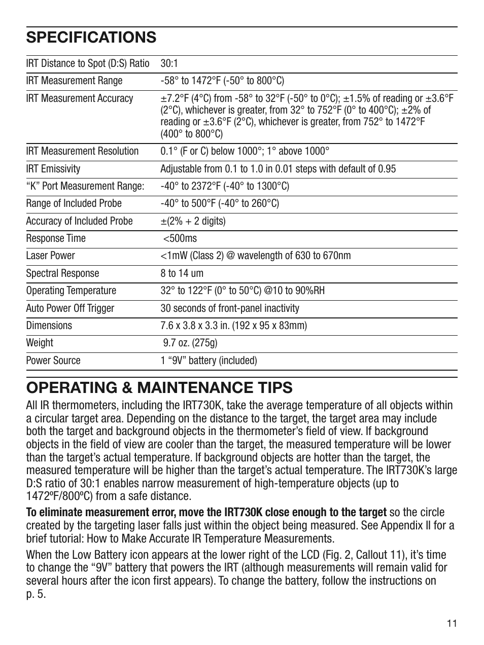 Specifications, Operating & maintenance tips | General Tools and Instruments IRT730K User Manual | Page 11 / 16