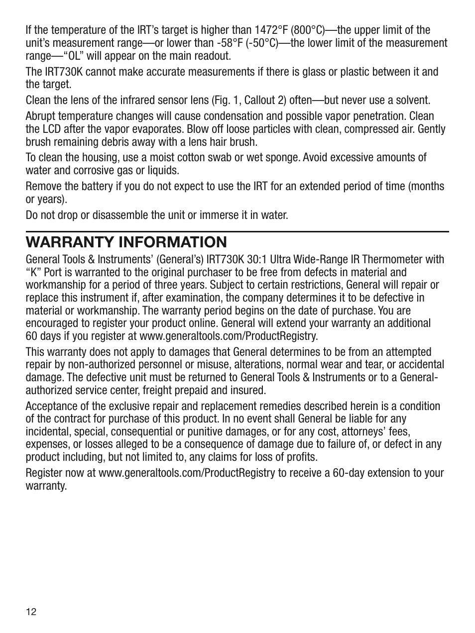 Warranty information | General Tools and Instruments IRT730K User Manual | Page 12 / 16