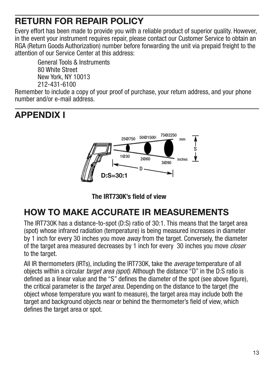 Return for repair policy, Appendix i, How to make accurate ir measurements | The irt730k’s field of view | General Tools and Instruments IRT730K User Manual | Page 13 / 16