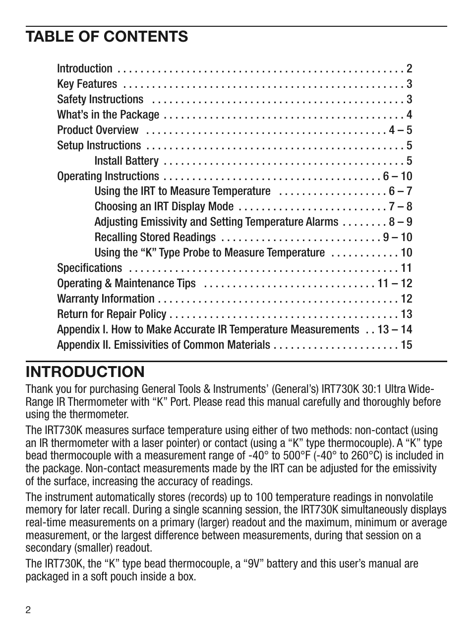 General Tools and Instruments IRT730K User Manual | Page 2 / 16