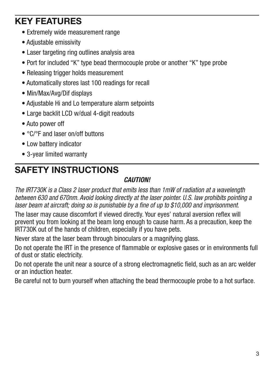 Key features, Safety instructions | General Tools and Instruments IRT730K User Manual | Page 3 / 16