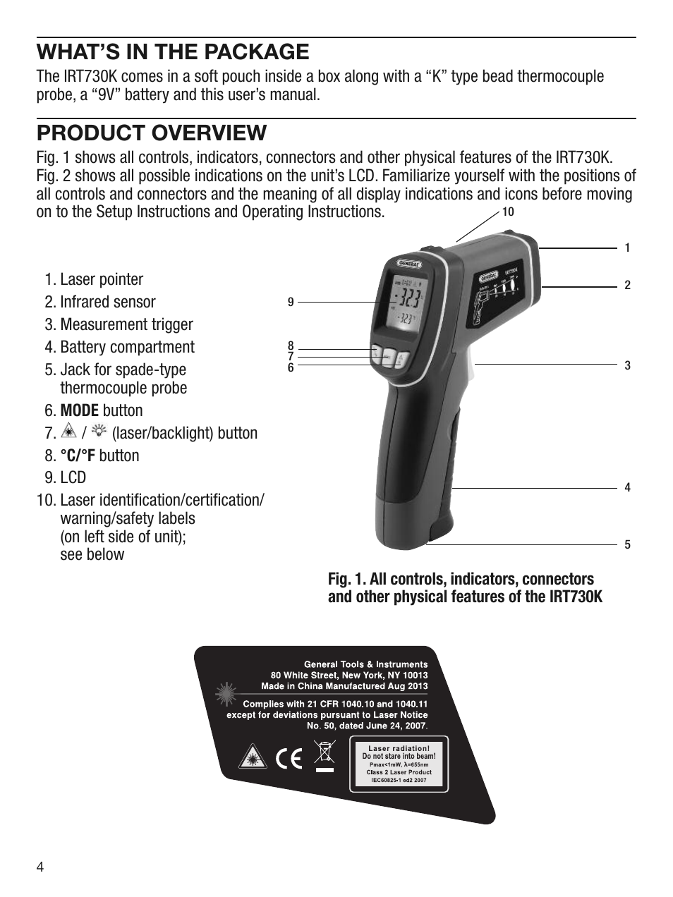 What’s in the package, Product overview | General Tools and Instruments IRT730K User Manual | Page 4 / 16