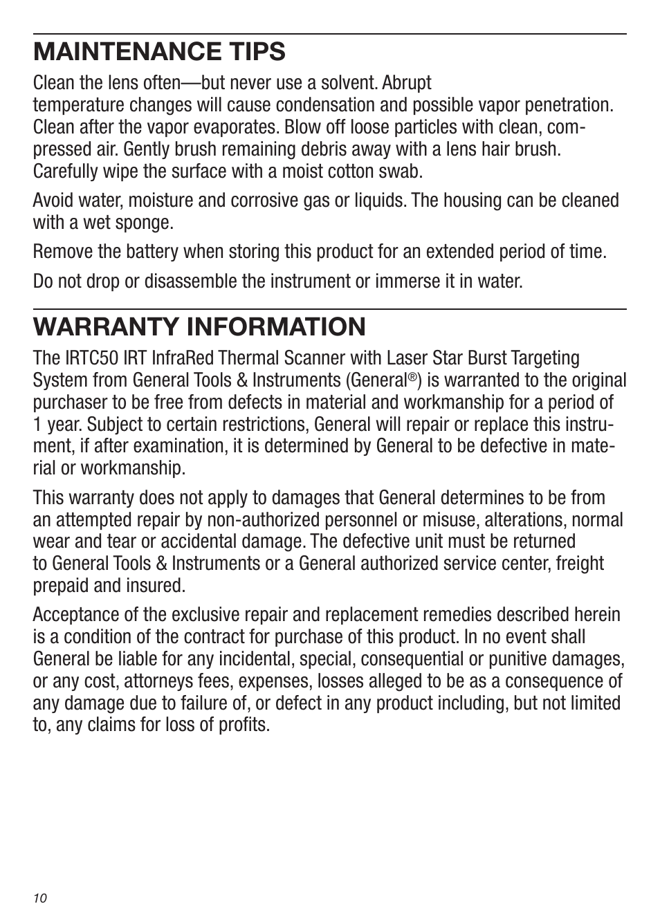 Maintenance tips, Warranty information | General Tools and Instruments IRTC50 User Manual | Page 10 / 36