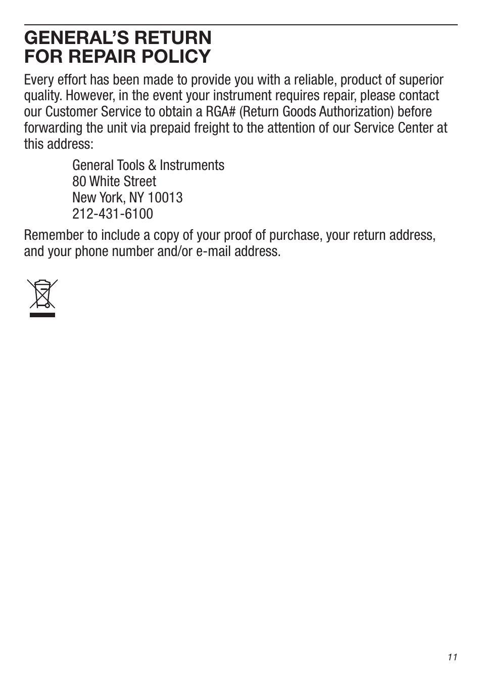 General’s return for repair policy | General Tools and Instruments IRTC50 User Manual | Page 11 / 36
