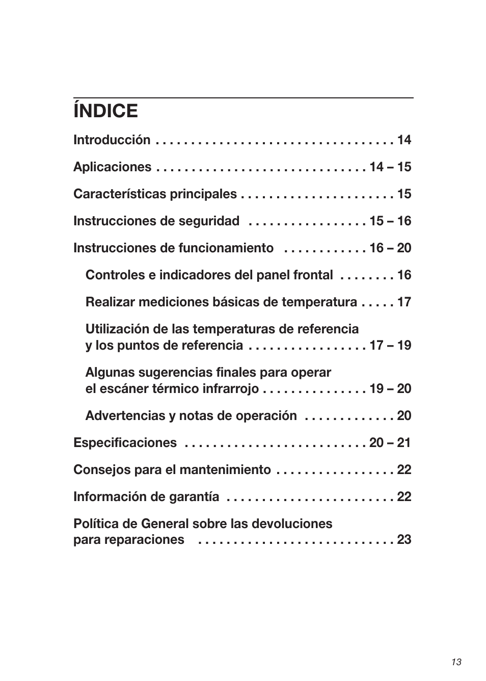 Índice | General Tools and Instruments IRTC50 User Manual | Page 13 / 36