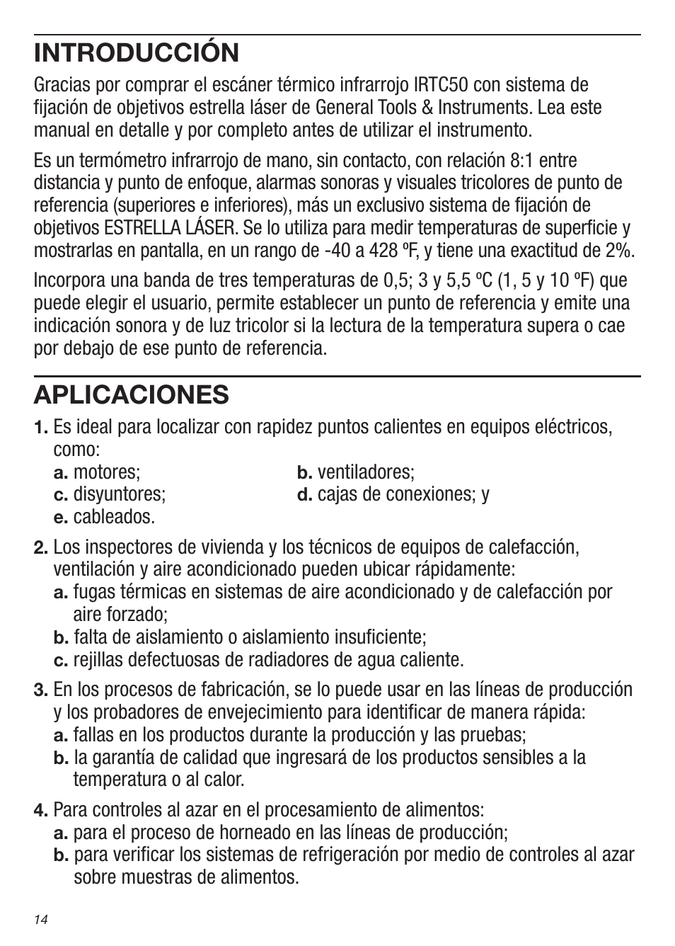 Introducción, Aplicaciones | General Tools and Instruments IRTC50 User Manual | Page 14 / 36