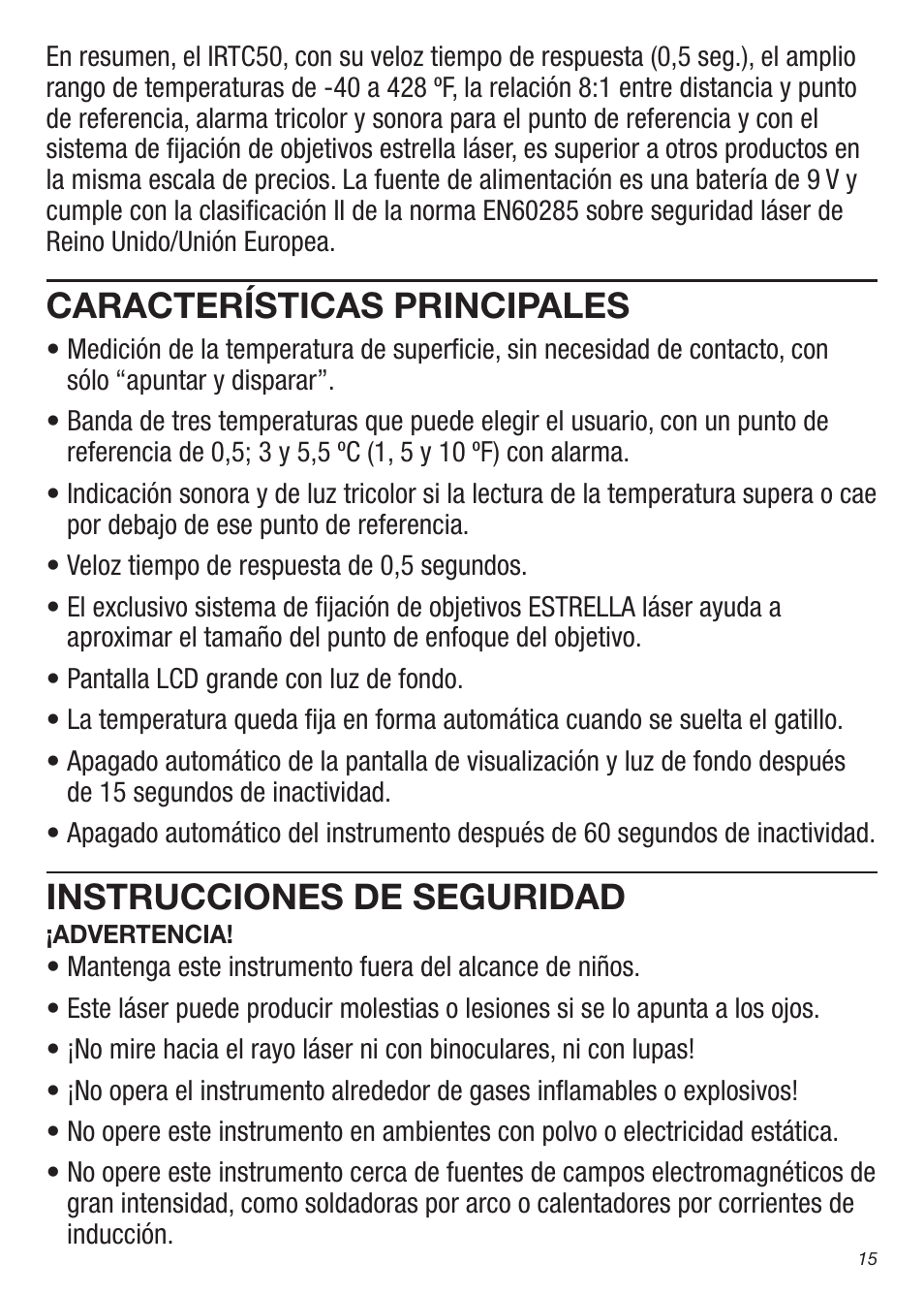Características principales, Instrucciones de seguridad | General Tools and Instruments IRTC50 User Manual | Page 15 / 36