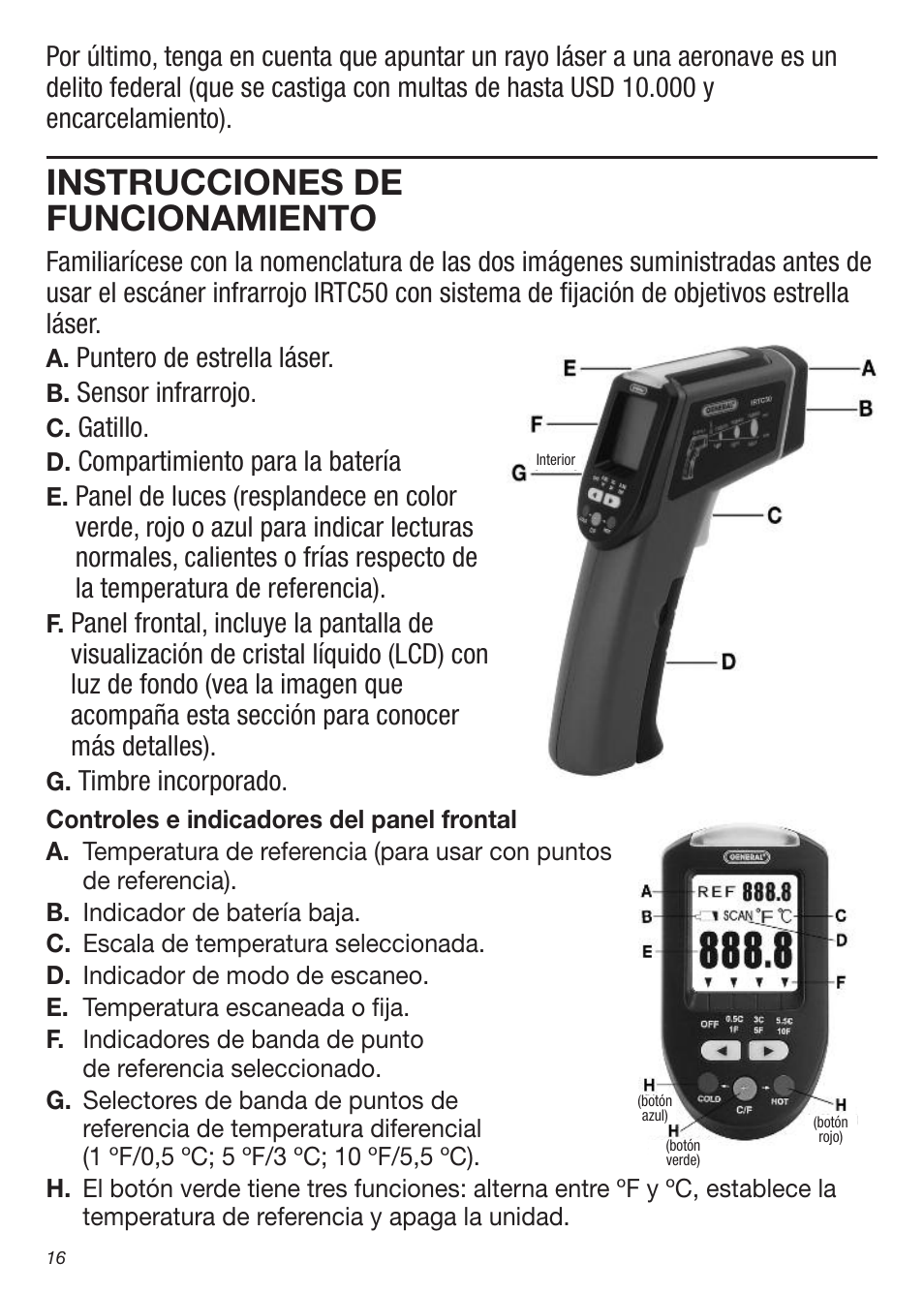 Instrucciones de funcionamiento, Puntero de estrella láser, Sensor infrarrojo | Gatillo, Compartimiento para la batería, Timbre incorporado | General Tools and Instruments IRTC50 User Manual | Page 16 / 36