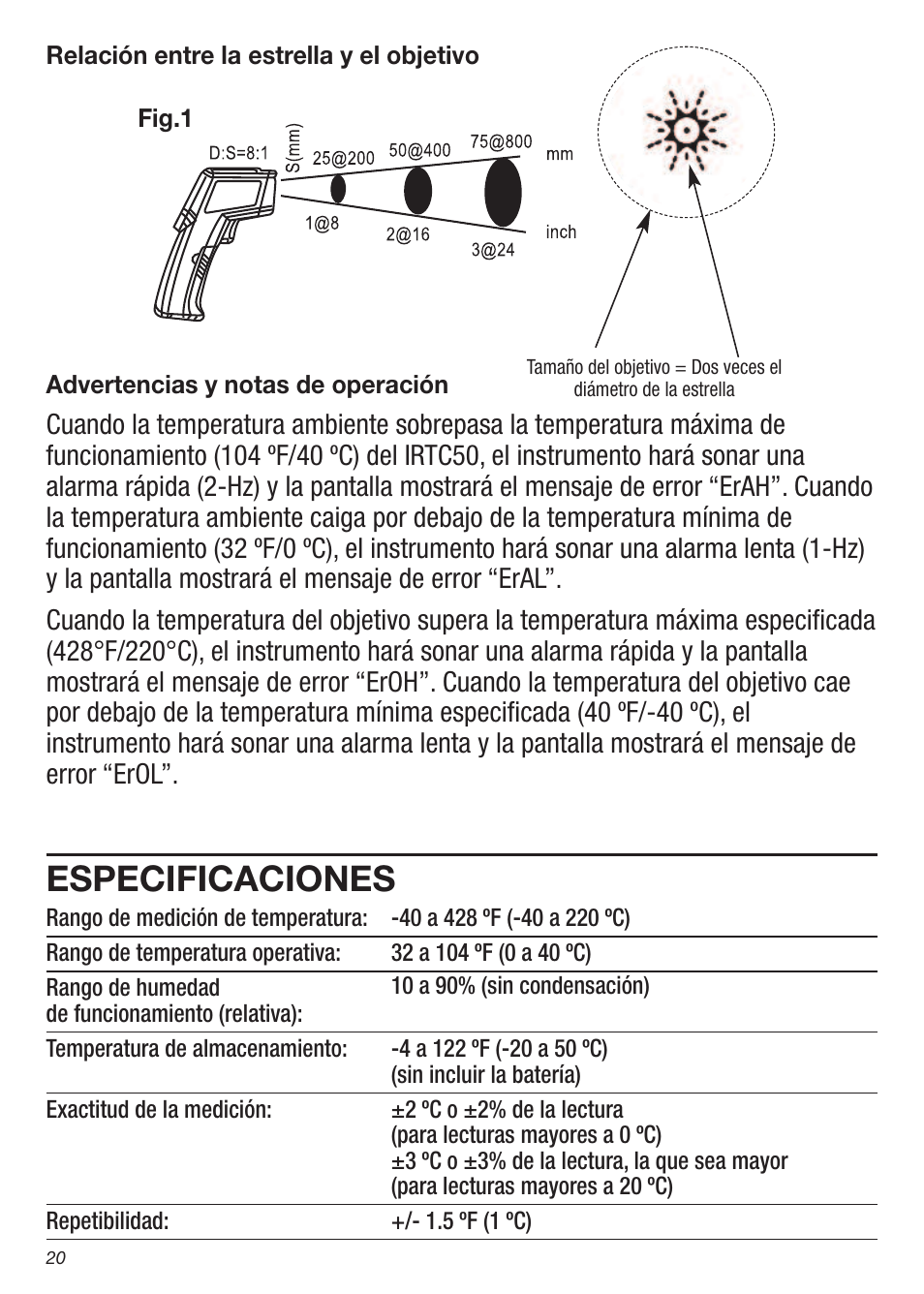 Especificaciones | General Tools and Instruments IRTC50 User Manual | Page 20 / 36
