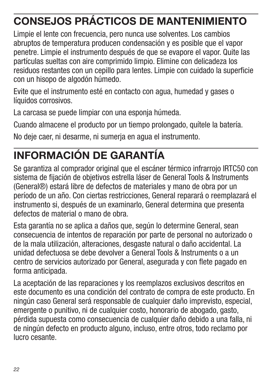 Consejos prácticos de mantenimiento, Información de garantía | General Tools and Instruments IRTC50 User Manual | Page 22 / 36