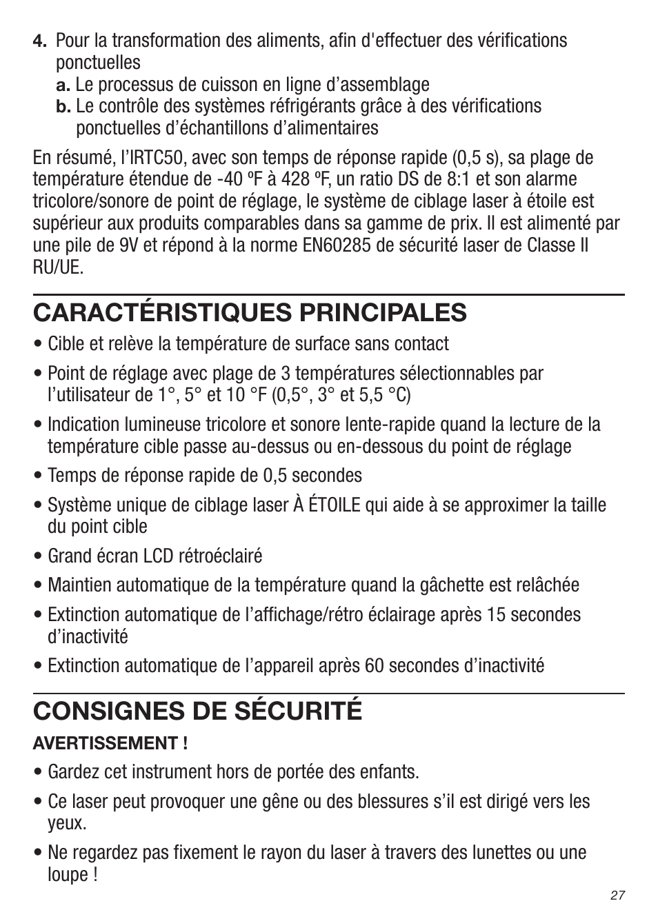Caractéristiques principales, Consignes de sécurité | General Tools and Instruments IRTC50 User Manual | Page 27 / 36
