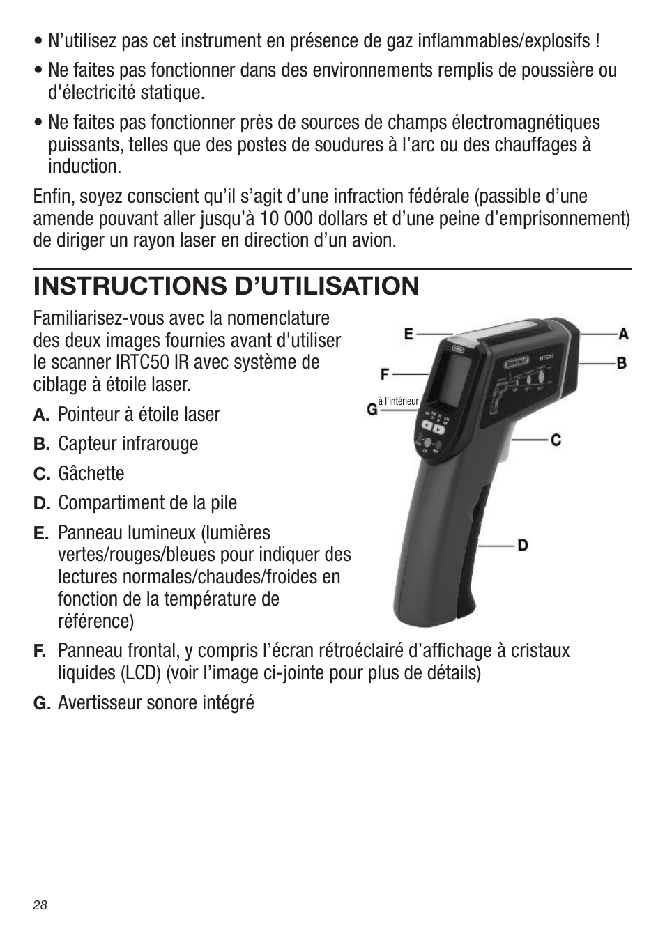 Instructions d’utilisation | General Tools and Instruments IRTC50 User Manual | Page 28 / 36