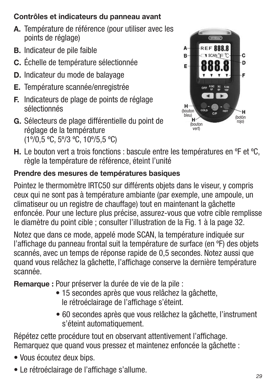 Indicateur de pile faible, Échelle de température sélectionnée, Indicateur du mode de balayage | Température scannée/enregistrée | General Tools and Instruments IRTC50 User Manual | Page 29 / 36