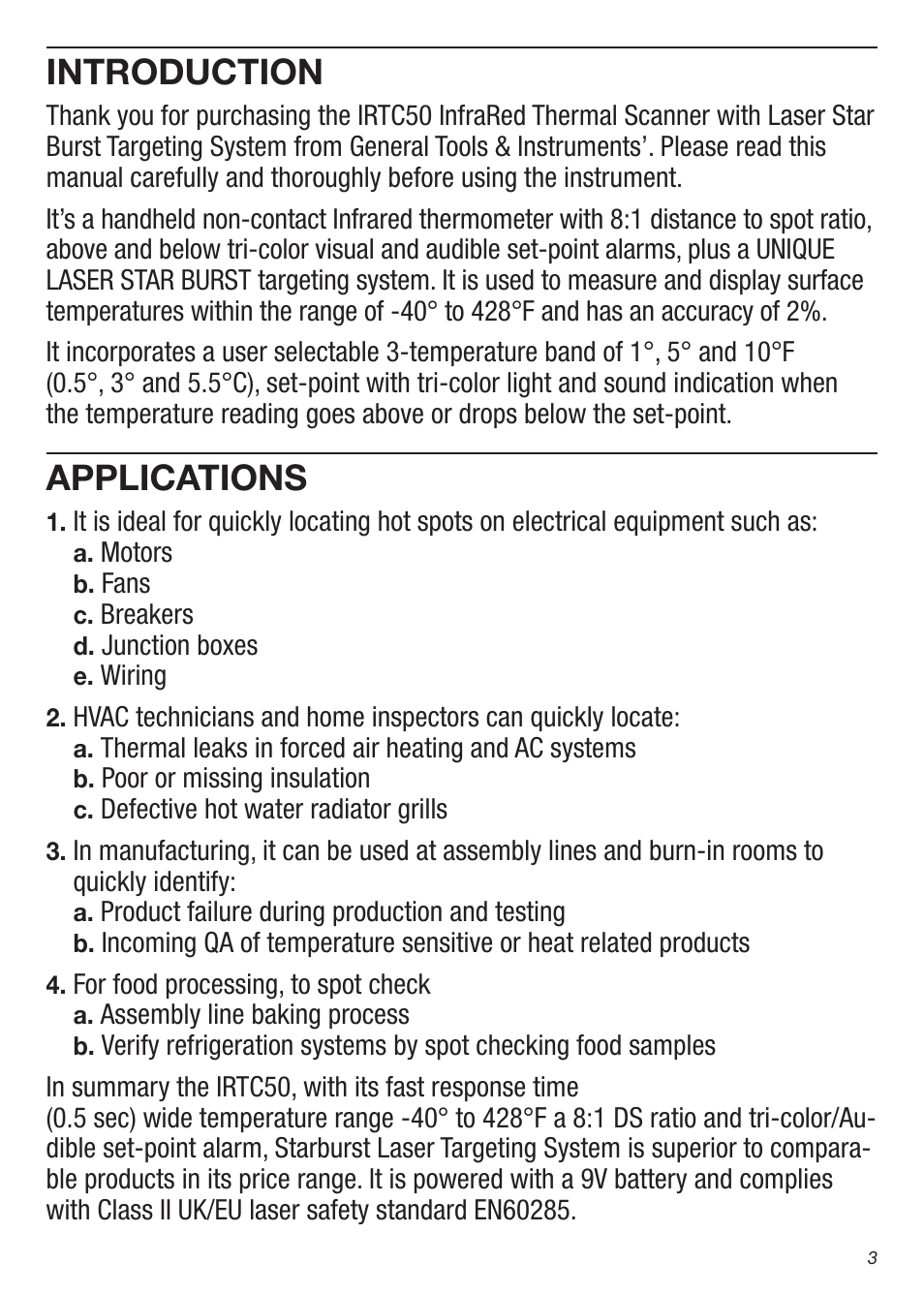 Introduction, Applications | General Tools and Instruments IRTC50 User Manual | Page 3 / 36