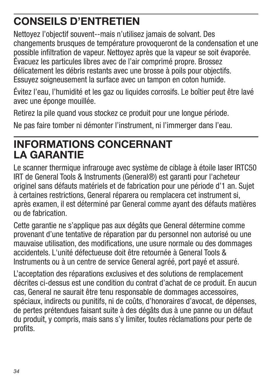 Conseils d’entretien, Informations concernant la garantie | General Tools and Instruments IRTC50 User Manual | Page 34 / 36