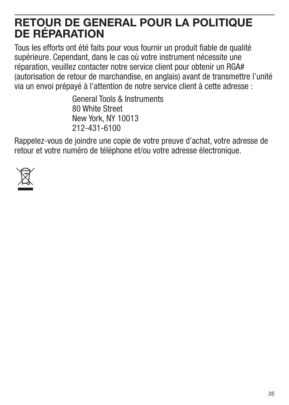 Retour de general pour la politique de réparation | General Tools and Instruments IRTC50 User Manual | Page 35 / 36