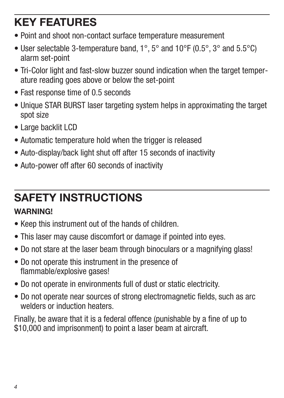 Key features, Safety instructions | General Tools and Instruments IRTC50 User Manual | Page 4 / 36