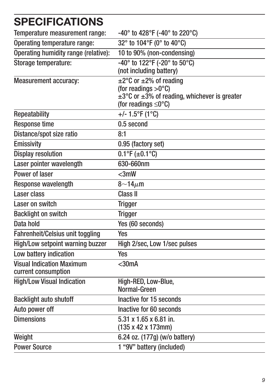 Specifications | General Tools and Instruments IRTC50 User Manual | Page 9 / 36