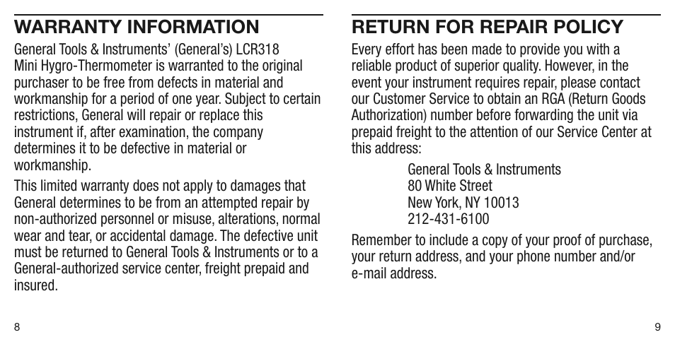 Return for repair policy, Warranty information | General Tools and Instruments LCR318 v.1 User Manual | Page 5 / 7