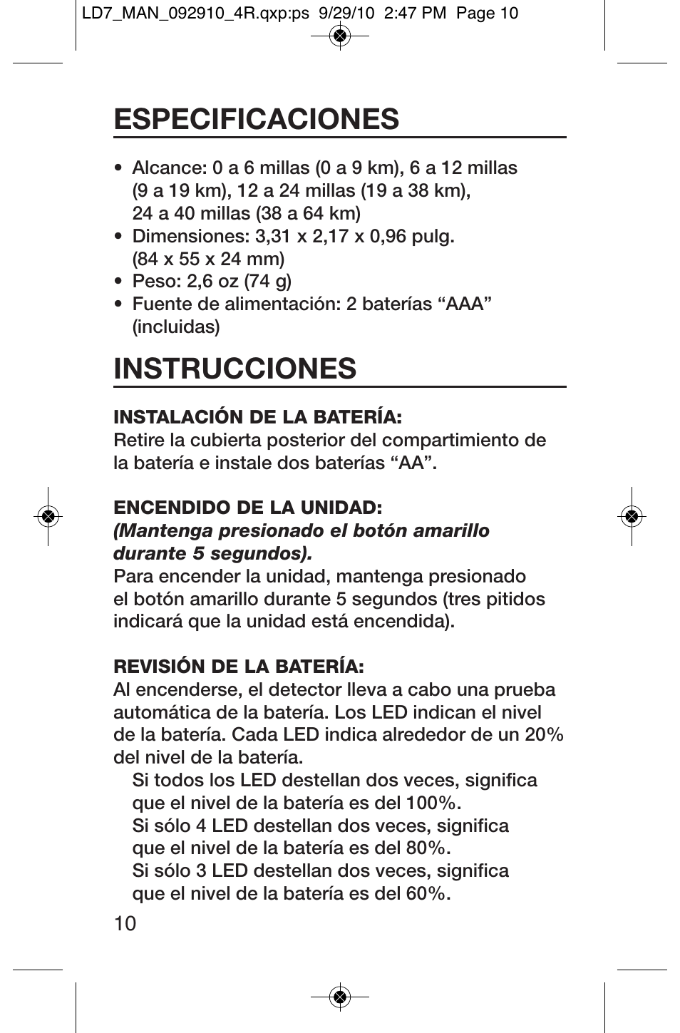 Especificaciones, Instrucciones | General Tools and Instruments LD7 User Manual | Page 10 / 24