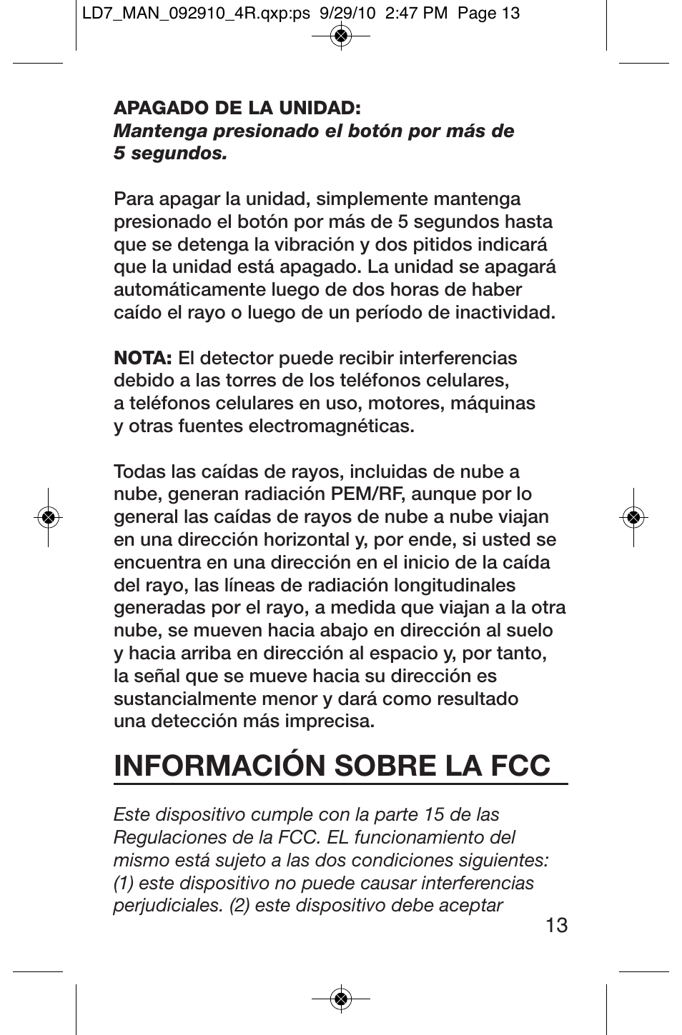 Información sobre la fcc | General Tools and Instruments LD7 User Manual | Page 13 / 24
