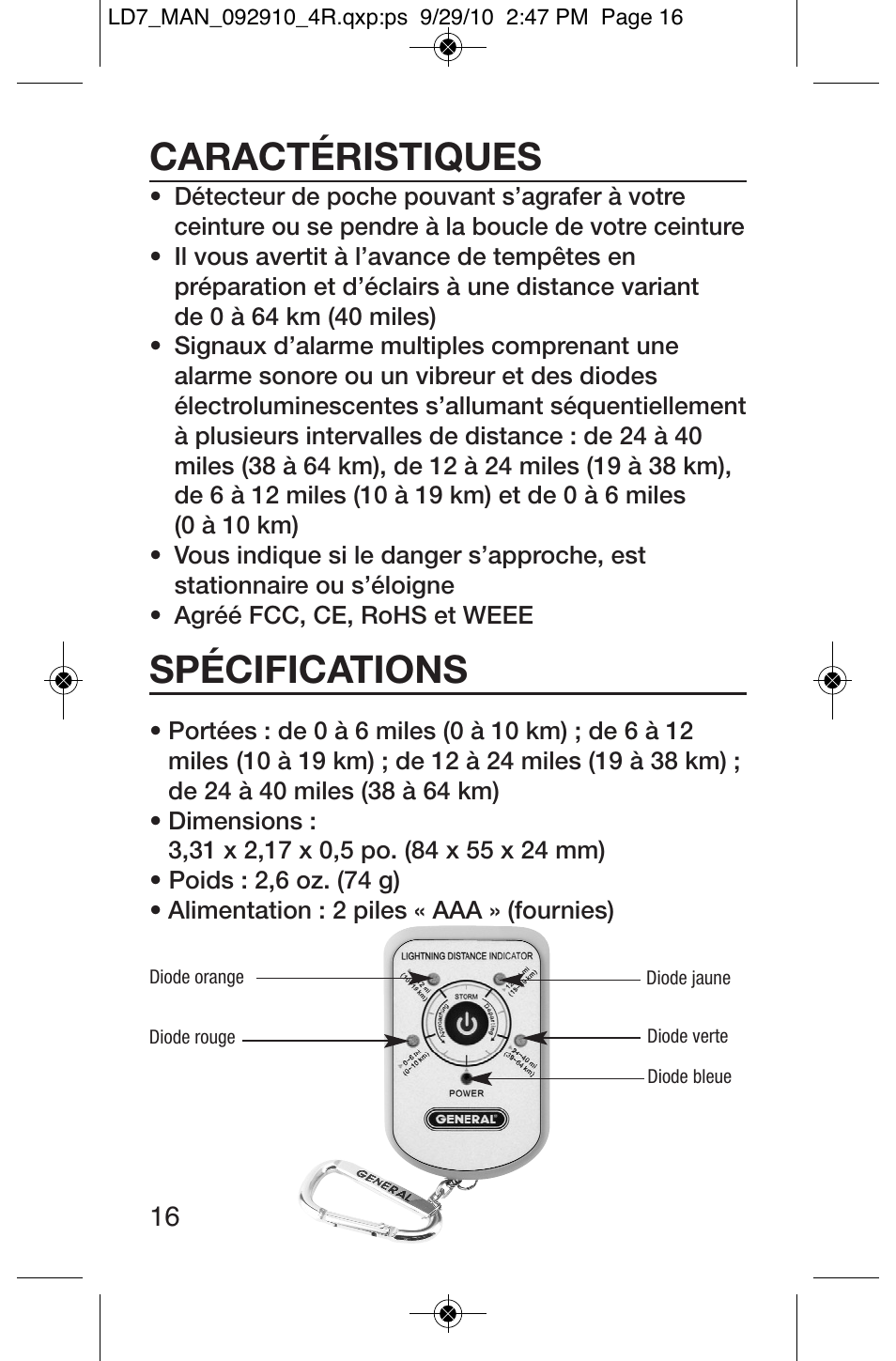 Caractéristiques, Spécifications | General Tools and Instruments LD7 User Manual | Page 16 / 24