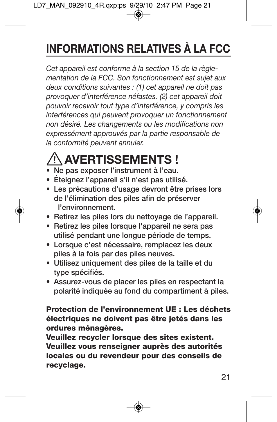 Informations relatives à la fcc, Avertissements | General Tools and Instruments LD7 User Manual | Page 21 / 24