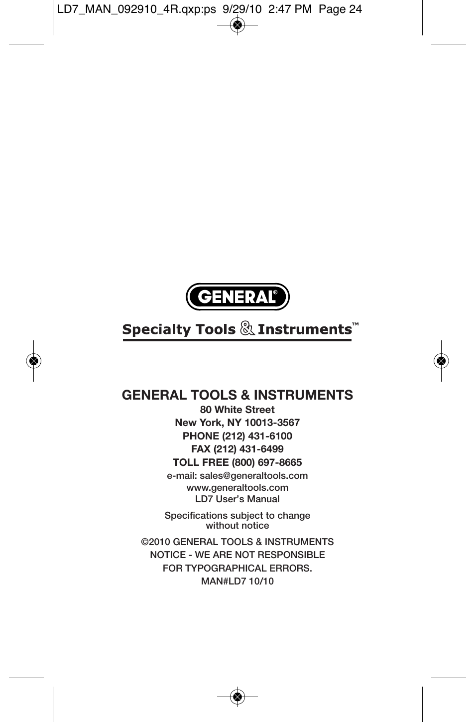 General tools & instruments | General Tools and Instruments LD7 User Manual | Page 24 / 24