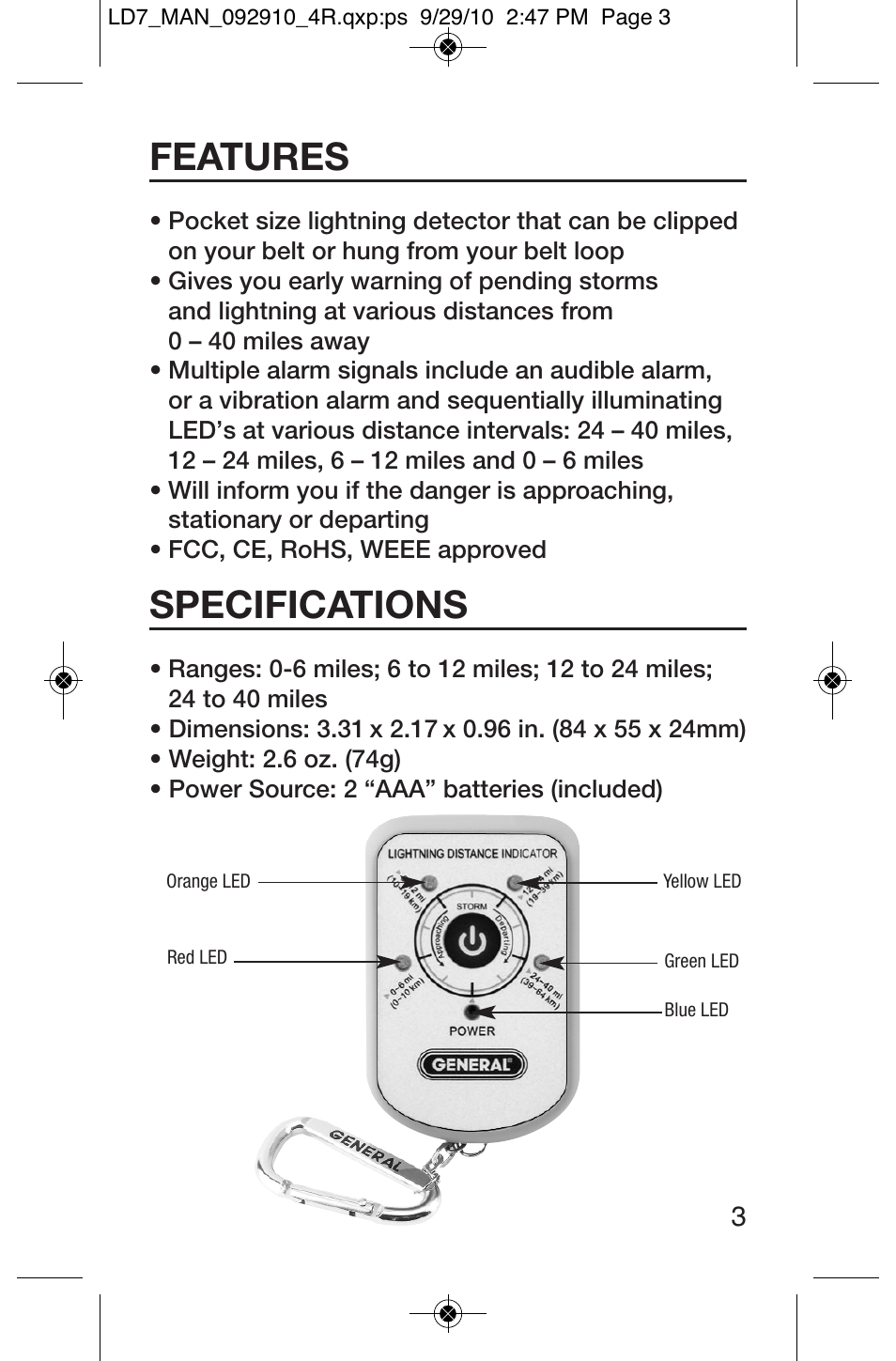 Features, Specifications | General Tools and Instruments LD7 User Manual | Page 3 / 24