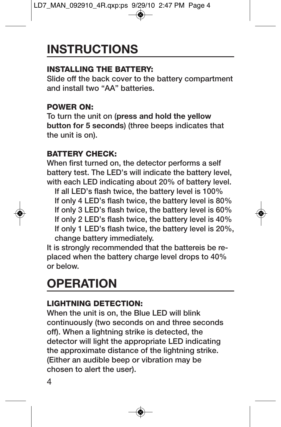 Instructions, Operation | General Tools and Instruments LD7 User Manual | Page 4 / 24
