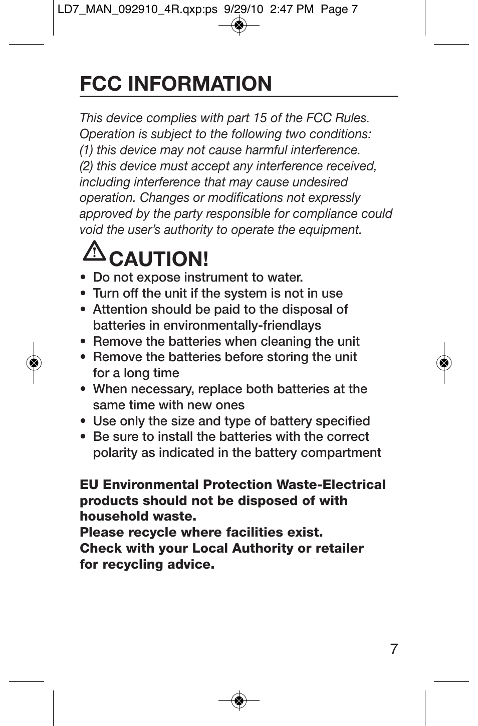 Fcc information, Caution | General Tools and Instruments LD7 User Manual | Page 7 / 24