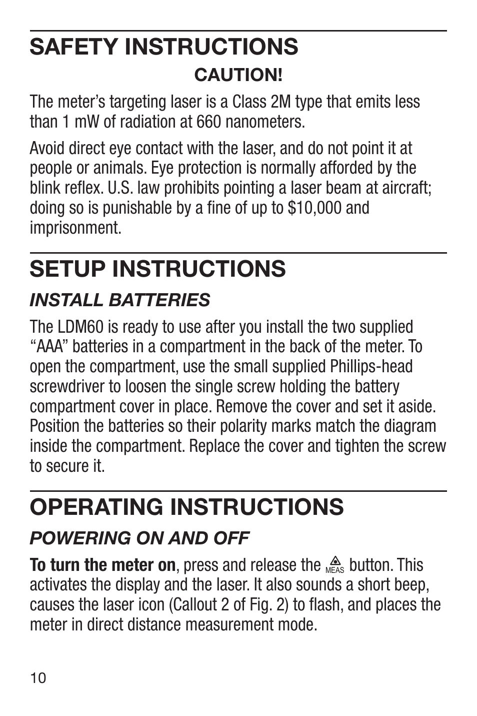 Safety instructions, Setup instructions, Operating instructions | General Tools and Instruments LDM60 User Manual | Page 10 / 32