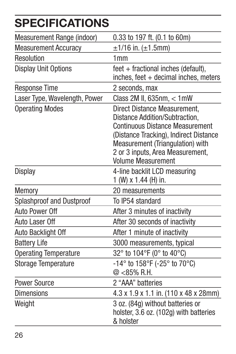 Specifications | General Tools and Instruments LDM60 User Manual | Page 26 / 32