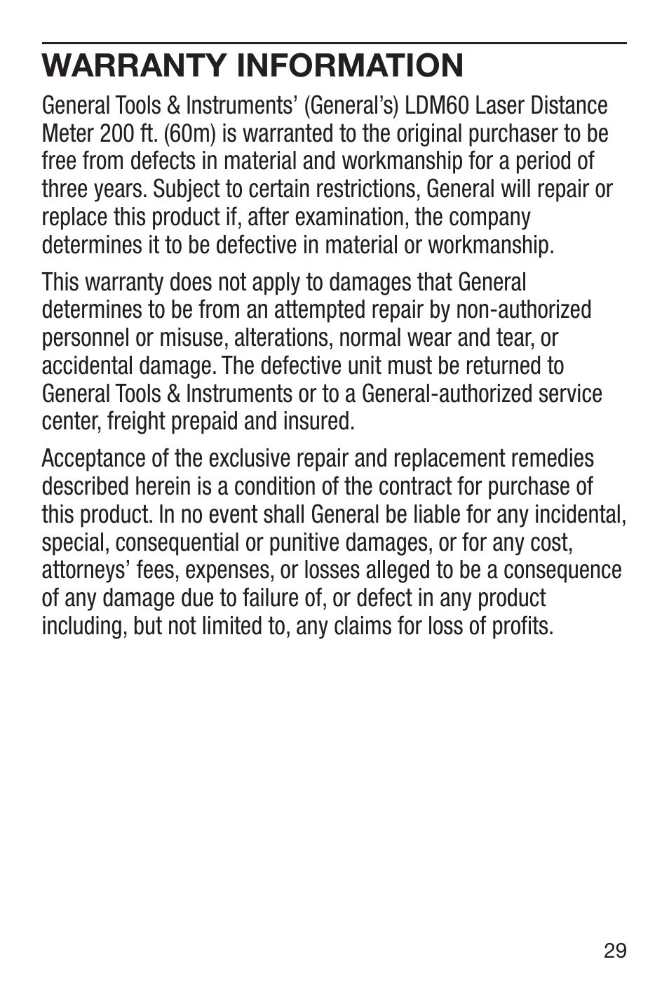 Warranty information | General Tools and Instruments LDM60 User Manual | Page 29 / 32