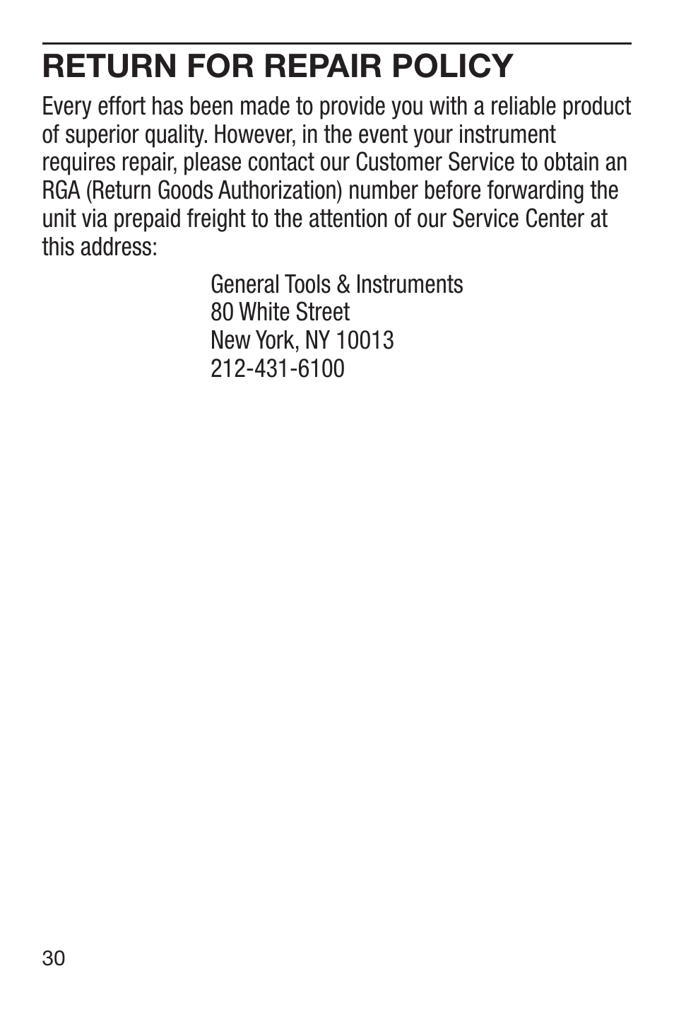 Return for repair policy | General Tools and Instruments LDM60 User Manual | Page 30 / 32