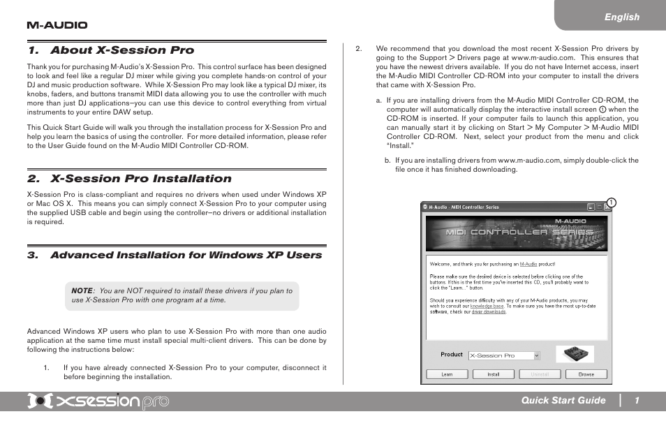 About x-session pro, X-session pro installation, advanced installation for windows xp users | M-AUDIO X-Session Pro User Manual | Page 2 / 6