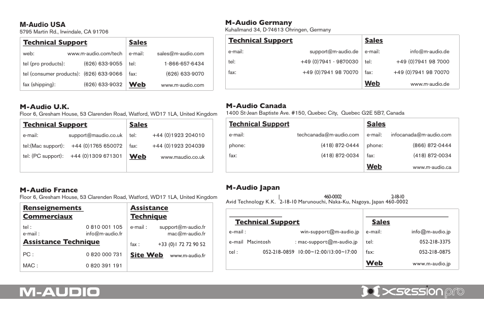 Contact | M-AUDIO X-Session Pro User Manual | Page 6 / 6