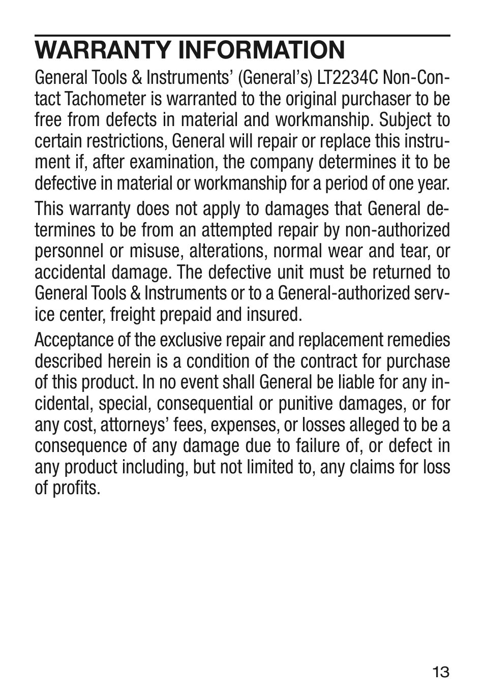 Warranty information | General Tools and Instruments LT2234C User Manual | Page 13 / 16