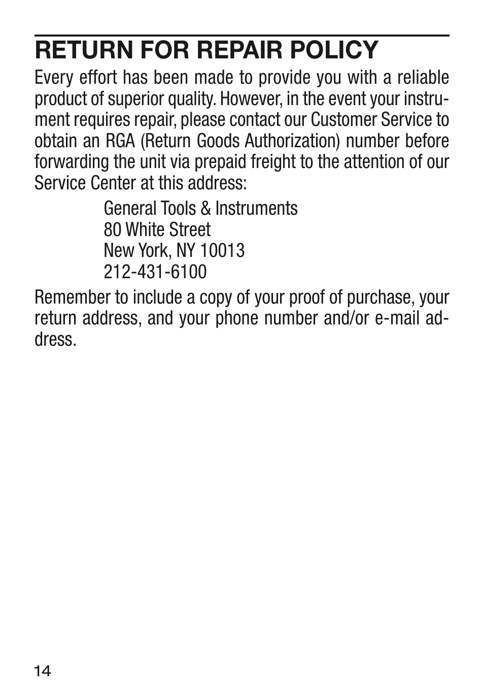 Return for repair policy | General Tools and Instruments LT2234C User Manual | Page 14 / 16