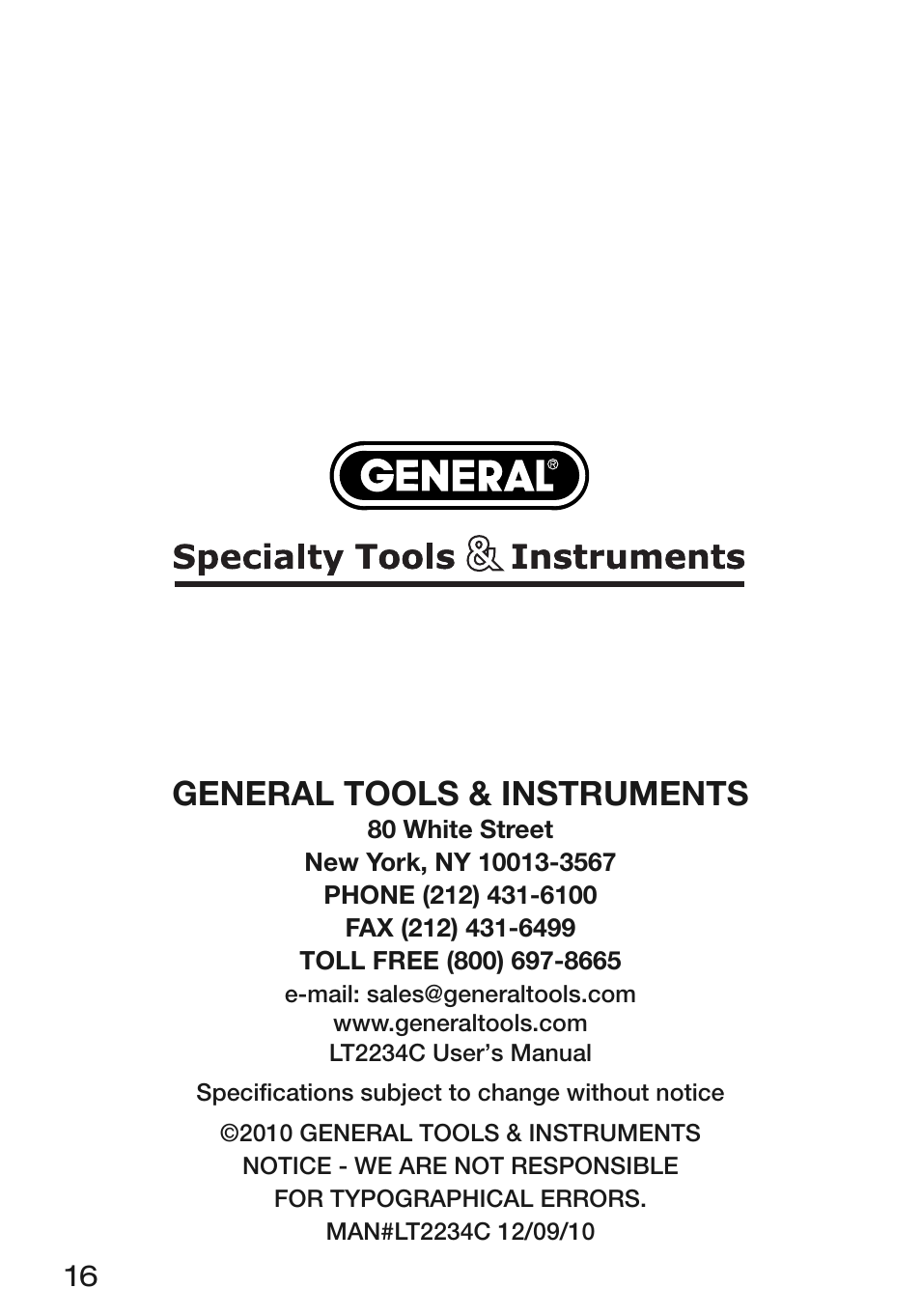 General tools & instruments | General Tools and Instruments LT2234C User Manual | Page 16 / 16