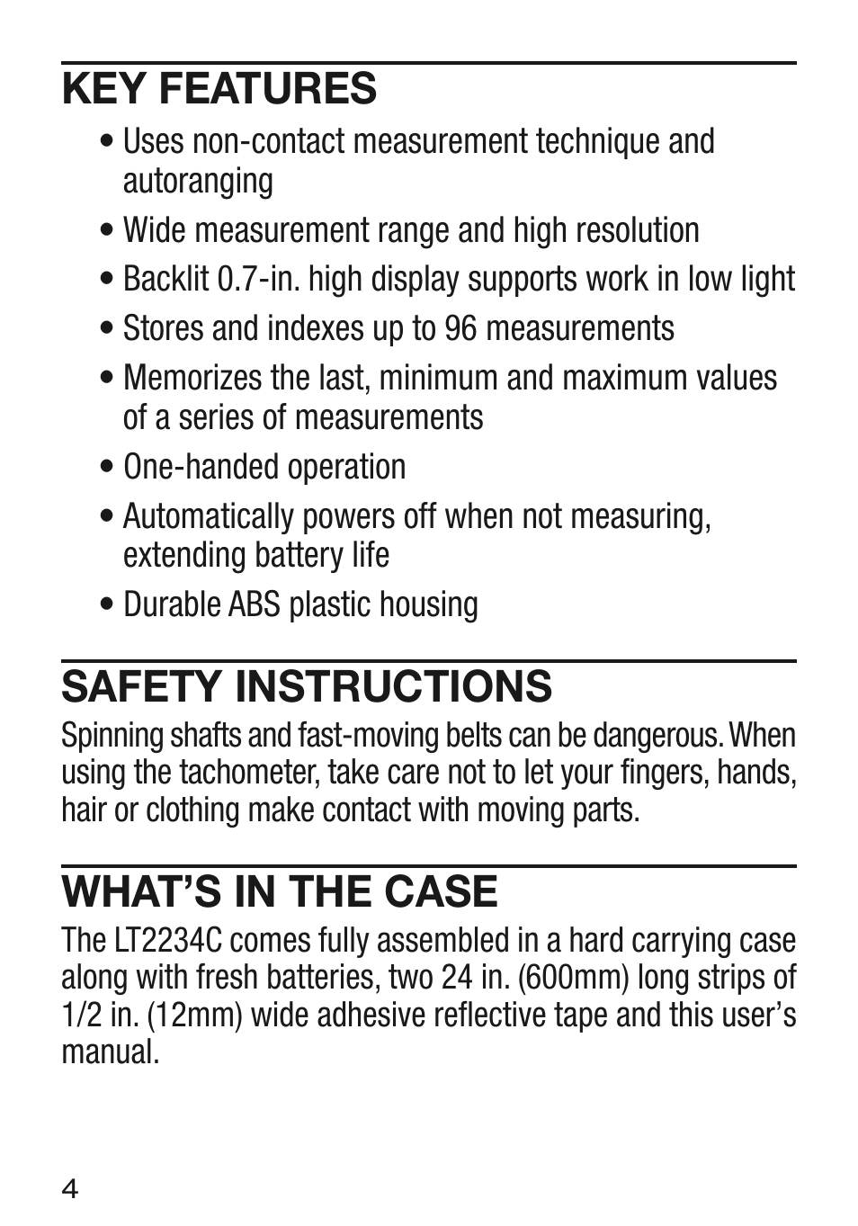 Key features, Safety instructions, What’s in the case | General Tools and Instruments LT2234C User Manual | Page 4 / 16