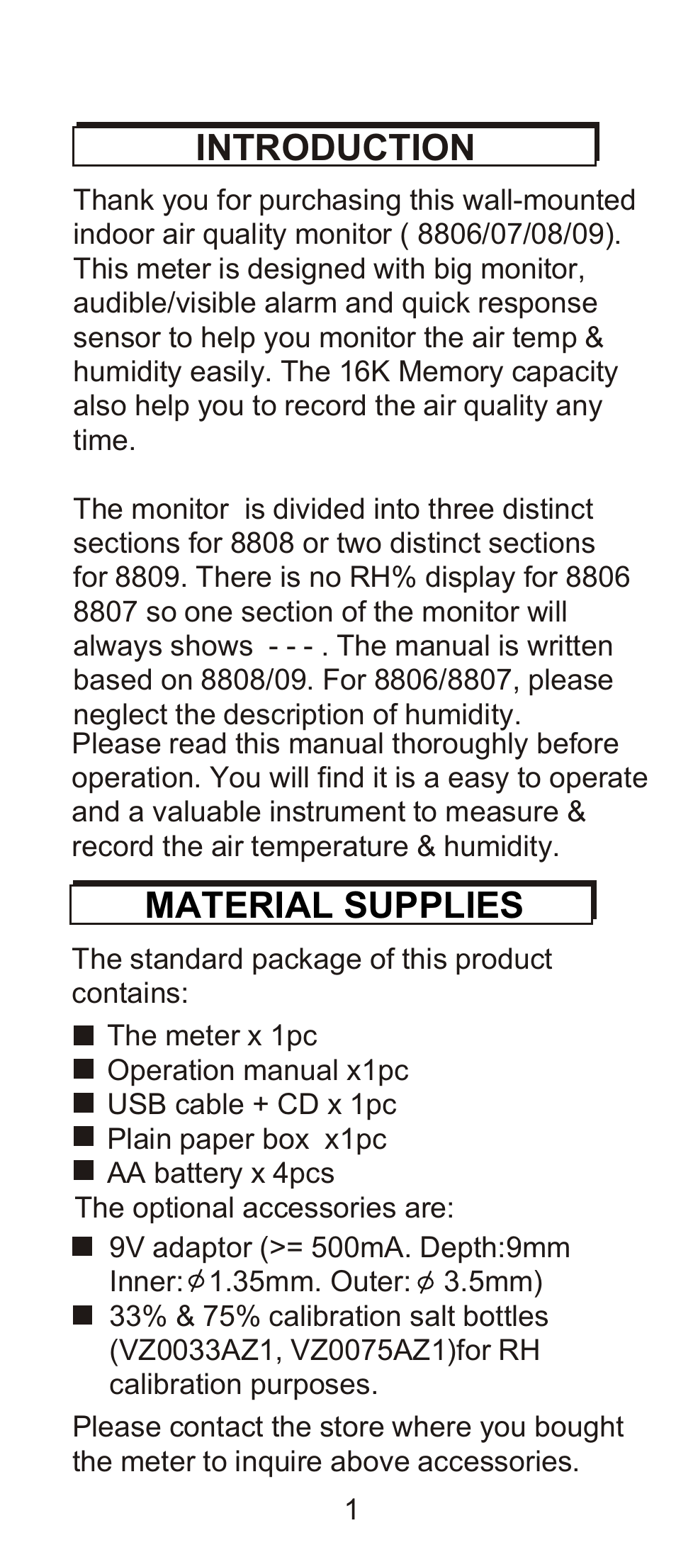 Introduction, Material supplies | General Tools and Instruments LTH8809DL User Manual | Page 2 / 19