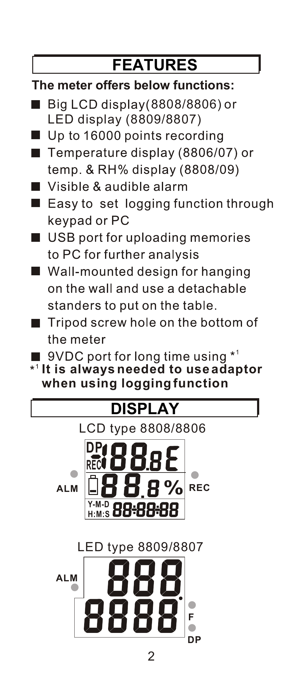 Features, Display | General Tools and Instruments LTH8809DL User Manual | Page 3 / 19