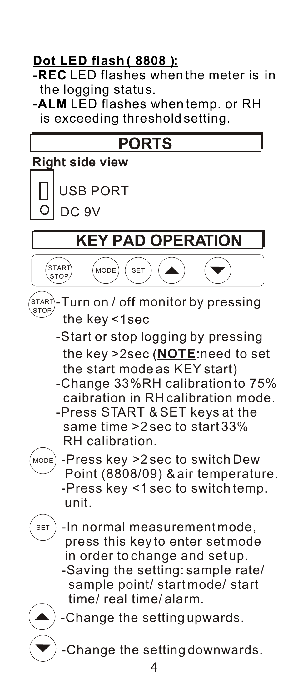 Ports, Key pad operation | General Tools and Instruments LTH8809DL User Manual | Page 5 / 19