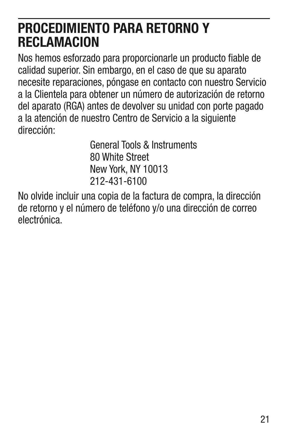 Procedimiento para retorno y reclamacion | General Tools and Instruments MM1E v.1 User Manual | Page 21 / 32