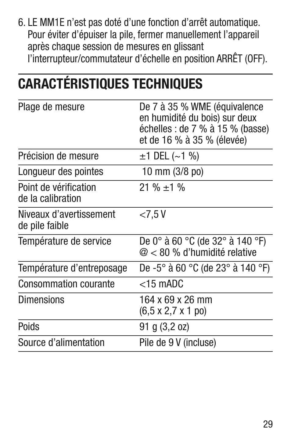 Caractéristiques techniques | General Tools and Instruments MM1E v.1 User Manual | Page 29 / 32