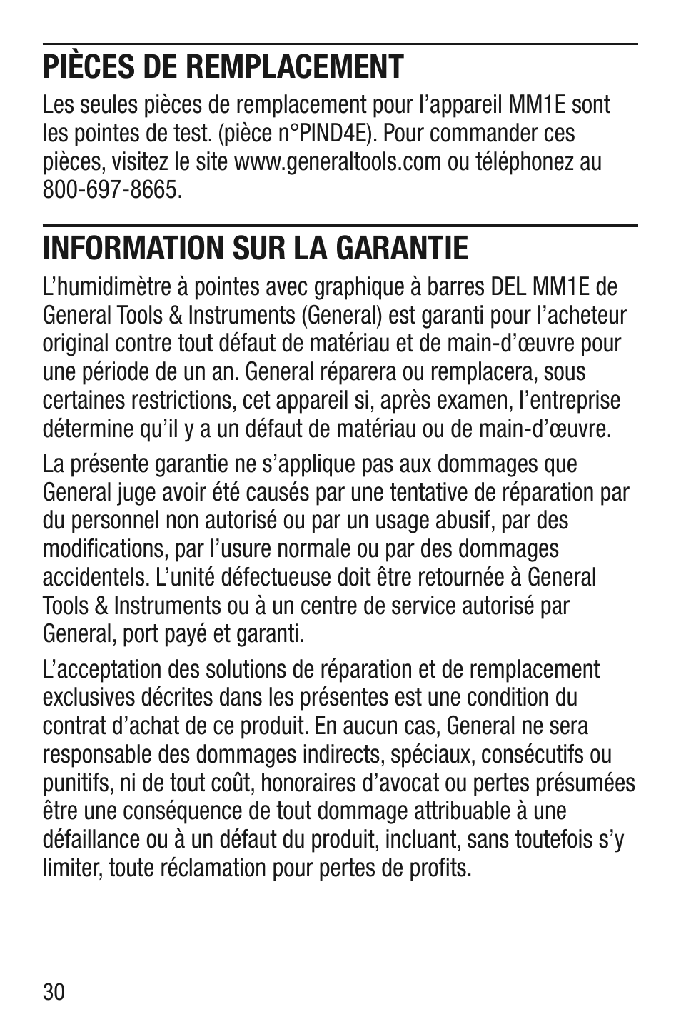 Pièces de remplacement, Information sur la garantie | General Tools and Instruments MM1E v.1 User Manual | Page 30 / 32