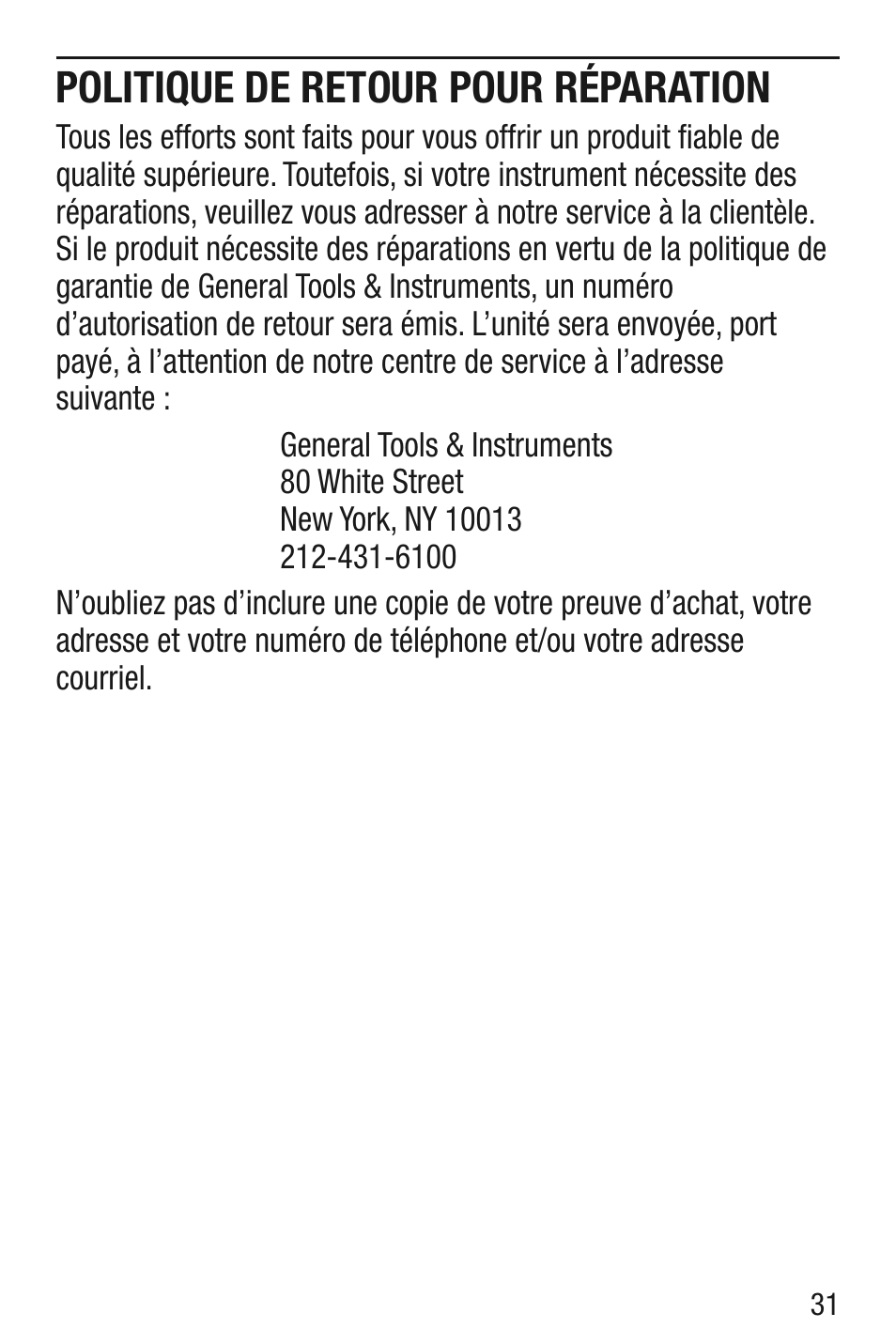 Politique de retour pour réparation | General Tools and Instruments MM1E v.1 User Manual | Page 31 / 32