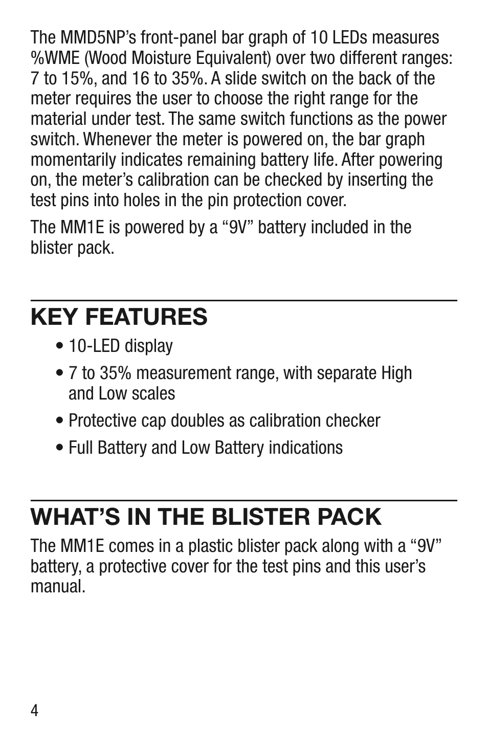 Key features, What’s in the blister pack | General Tools and Instruments MM1E v.1 User Manual | Page 4 / 32